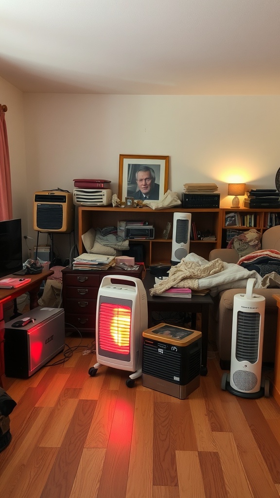 A cluttered living room with several space heaters and a portrait on the wall.