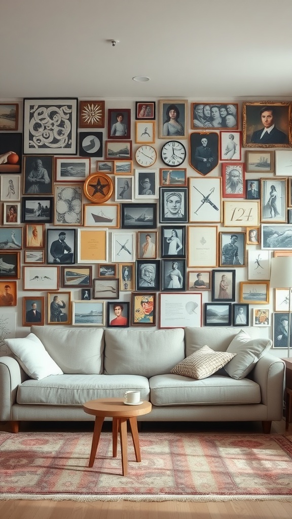 A living room with a wall filled with numerous framed pictures, creating a cluttered look.