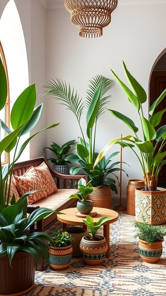 A cozy Moroccan living room filled with exotic indoor plants, showcasing vibrant greenery and unique decorative pots.