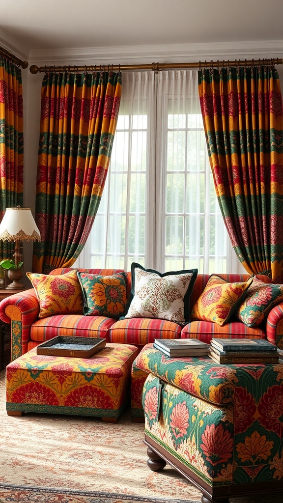 A colorful living room with a floral patterned sofa and striped curtains