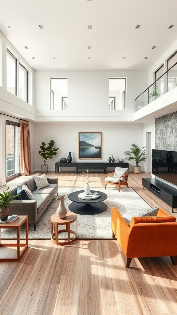 Bright living room with open layout, large windows, and minimalist furniture including a gray sofa and an orange chair.