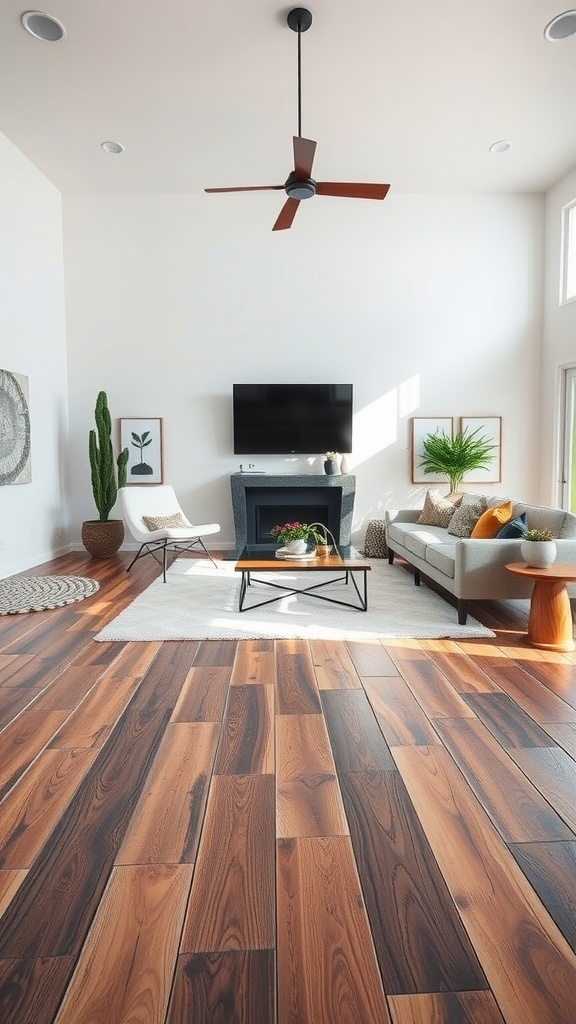 A modern western living room featuring rich hardwood flooring, a cozy seating area, and bright natural light.