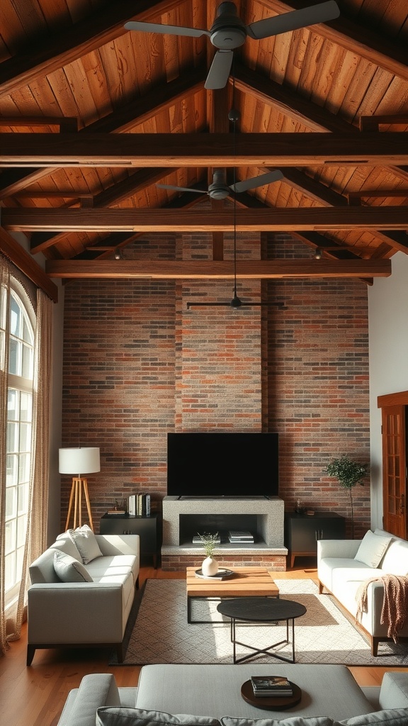 A modern rustic living room featuring exposed beams, a brick wall, and stylish furniture.