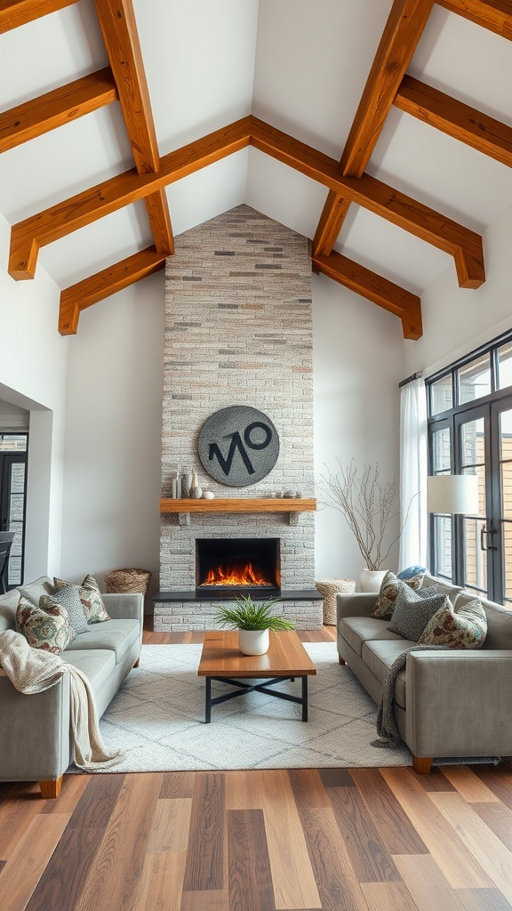 Modern rustic living room with exposed beams, cozy textiles, and a fireplace