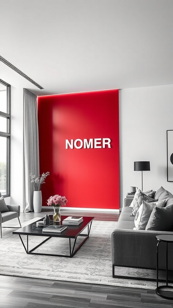 Living room with a striking red accent wall and modern furniture.