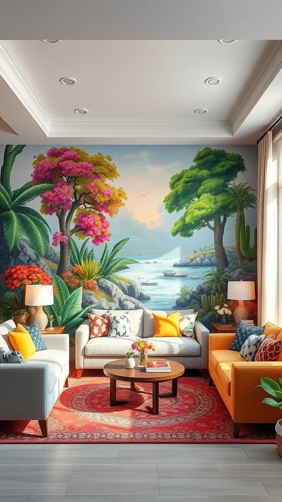 Living room with a colorful mural of a coastal scene surrounded by greenery and flowers.