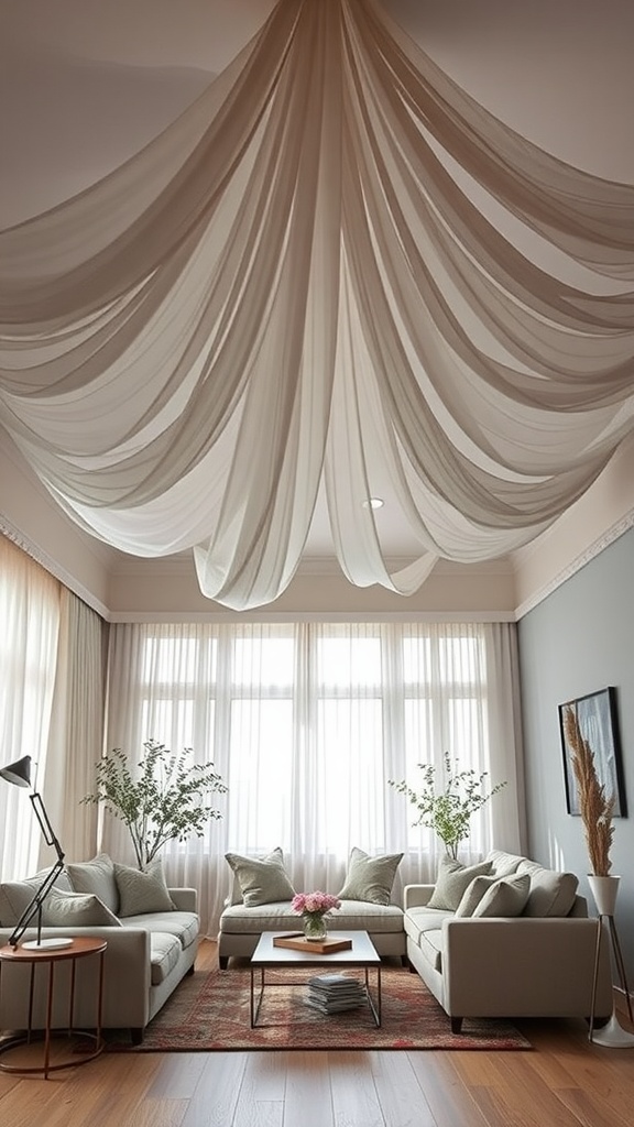 A living room with fabric draping from the ceiling, creating a soft and elegant atmosphere.