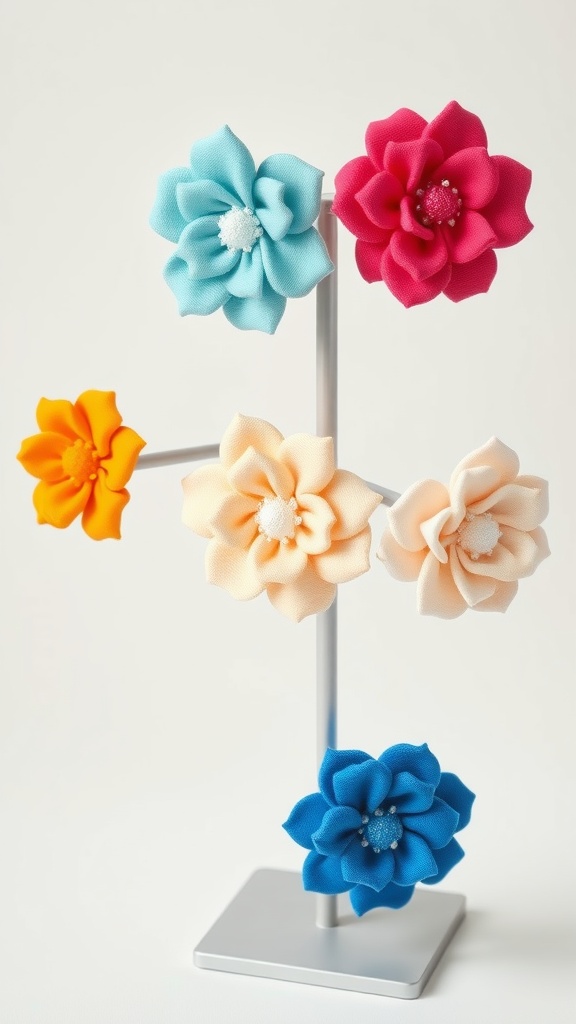 Colorful fabric flower hair clips displayed on a stand