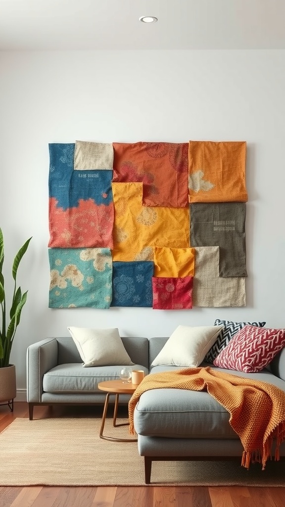 An arrangement of colorful fabric wall art panels in a living room setting