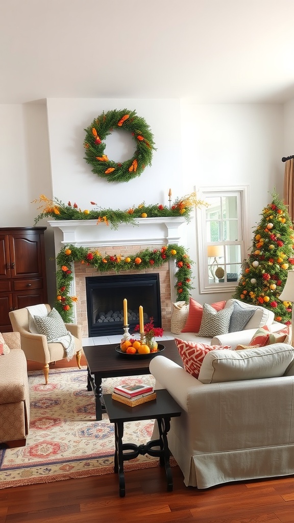 A cozy fall-themed living room with a decorated fireplace and tree, featuring garlands and colorful accents.