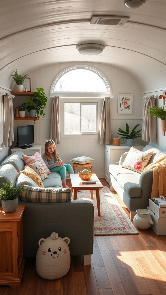 A family-friendly trailer living room with comfortable seating, plants, and a child reading a book.