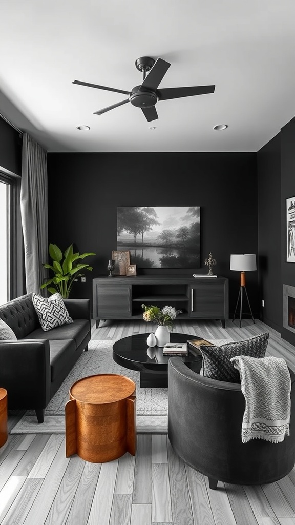 A stylish black and grey living room featuring a grey sofa, black chairs, a wooden coffee table, and plants.