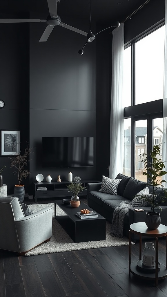 Family-friendly black living room with large windows, plush sofa, and stylish decor.