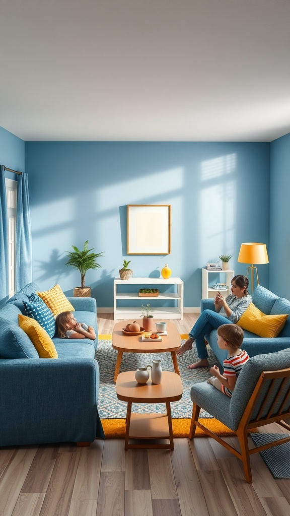 A family-friendly living room featuring blue walls, yellow accents, and cozy furniture.