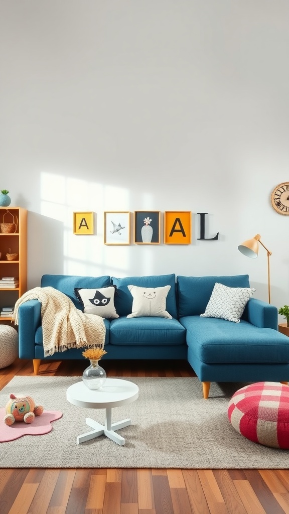 A family-friendly living room featuring a blue couch with playful pillows, a round white coffee table, and a cozy area rug.