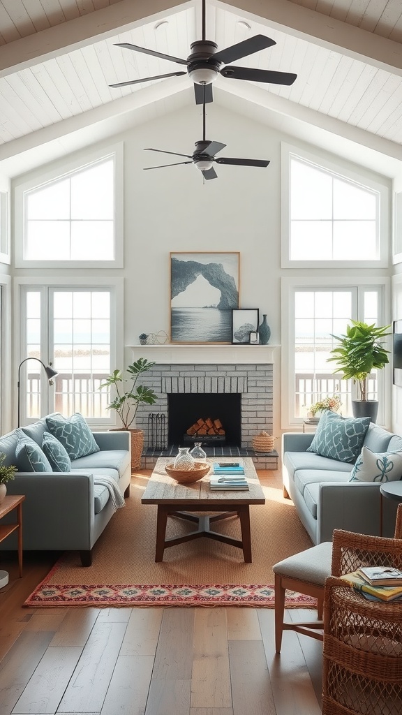 Bright and airy coastal living room with blue sofas, large windows, and a cozy fireplace.