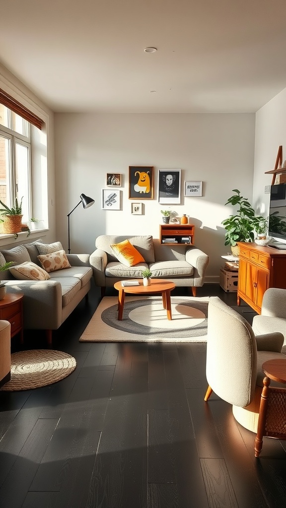 A cozy family-friendly living room featuring light sofas, a circular rug, and vibrant decor against a black floor.