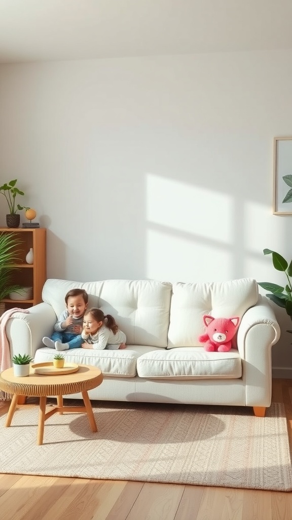 Two children sitting on a white couch in a bright living room with plants and a coffee table.