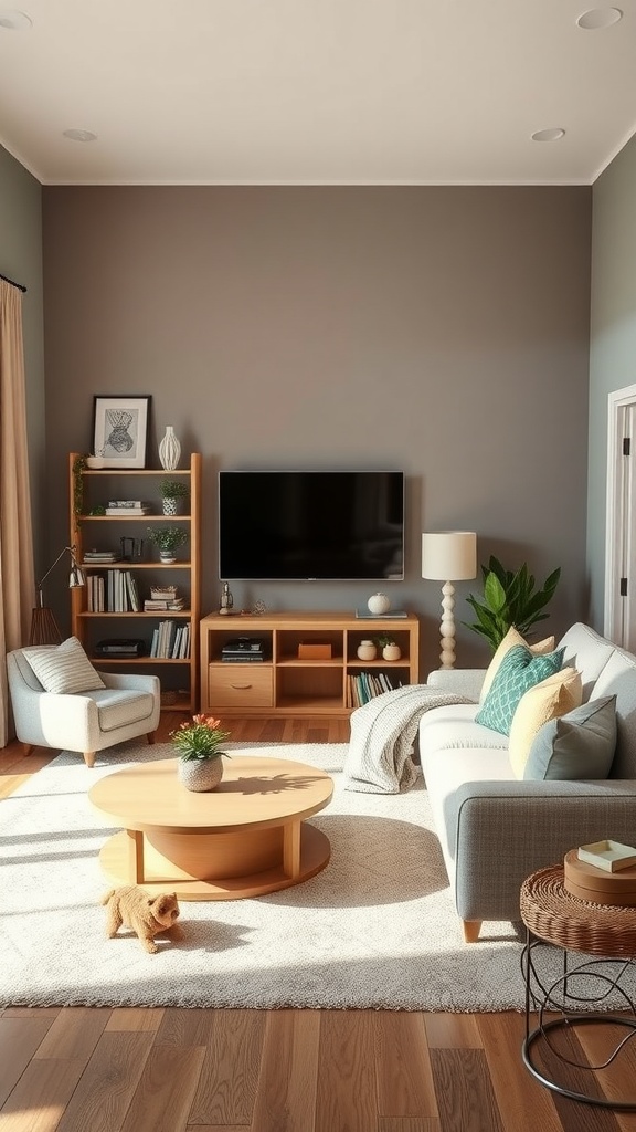 A cozy family-friendly living room with light furniture, a coffee table, and a pet.