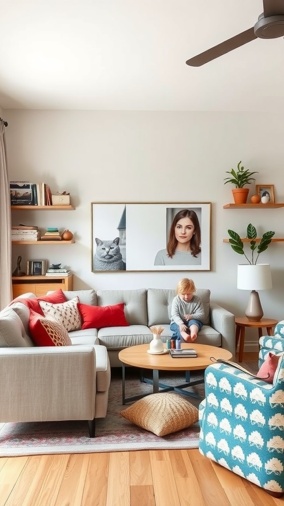 A cozy living room with a family-friendly design featuring a sectional sofa, colorful pillows, and a playful chair.