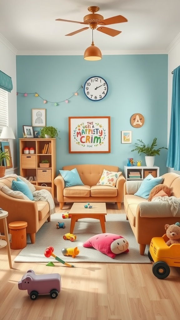 A family-friendly living room featuring comfortable sofas, a playful atmosphere with toys on the floor, and colorful decor.