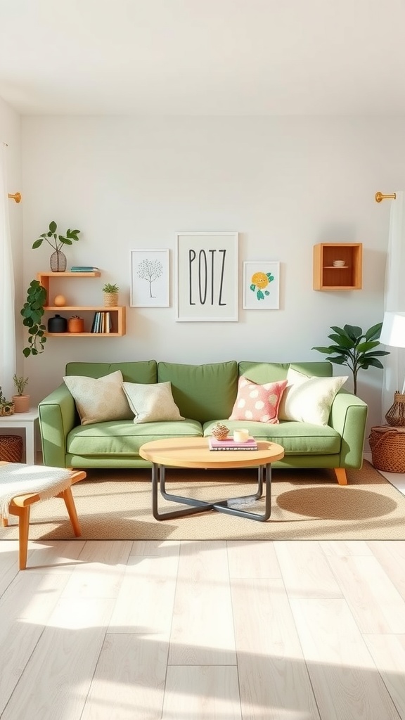 Cozy living room featuring a green sofa, wooden decor, and bright natural light.