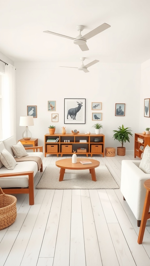 A cozy living room featuring light wood furniture, a central coffee table, and greenery, creating a family-friendly atmosphere.