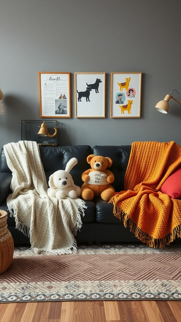 Cozy family-friendly living room with a black leather couch, plush toys, colorful blankets, and playful artwork.