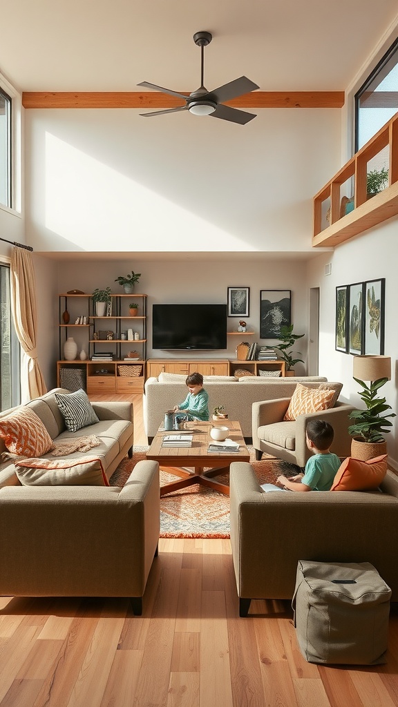 Family-friendly modern living room layout with kids playing.