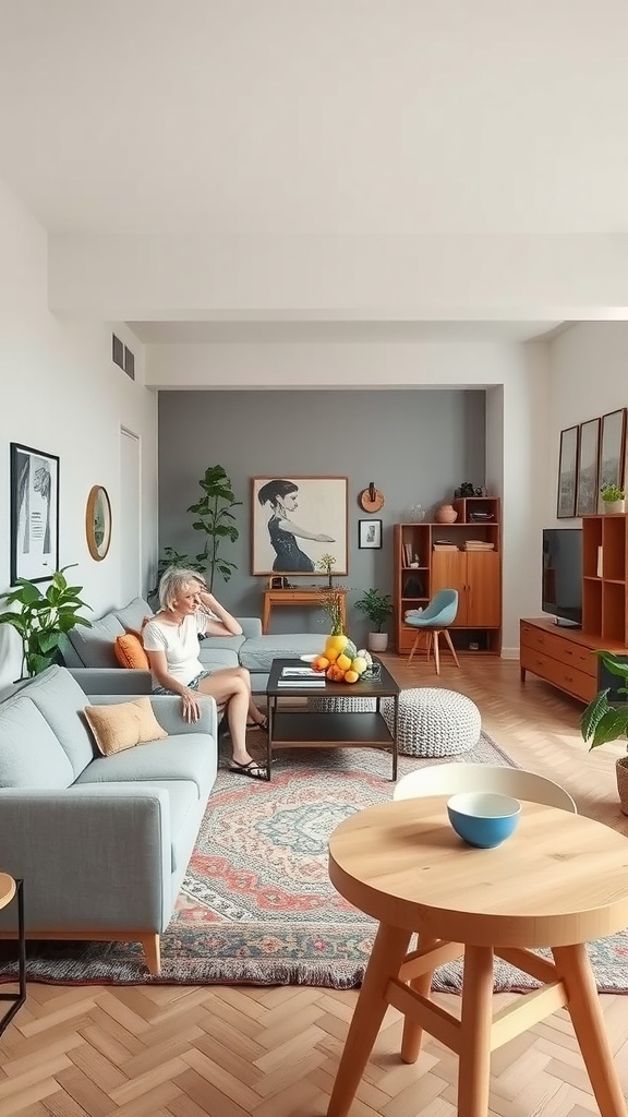 A bright and inviting family living room with a cozy layout, featuring a woman relaxing on a sofa, plants, and colorful decor.