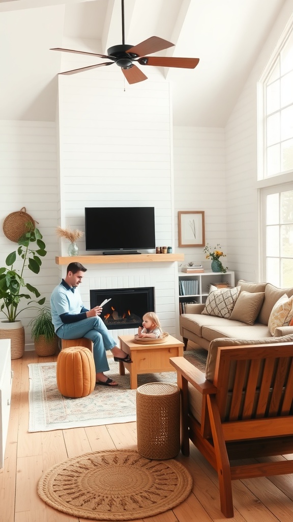 A family-friendly living room with cozy seating, a child playing, and a parent reading.