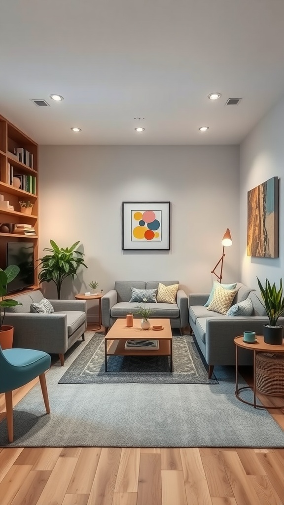 A cozy family-friendly living room with gray sofas, a wooden coffee table, plants, and bookshelves.