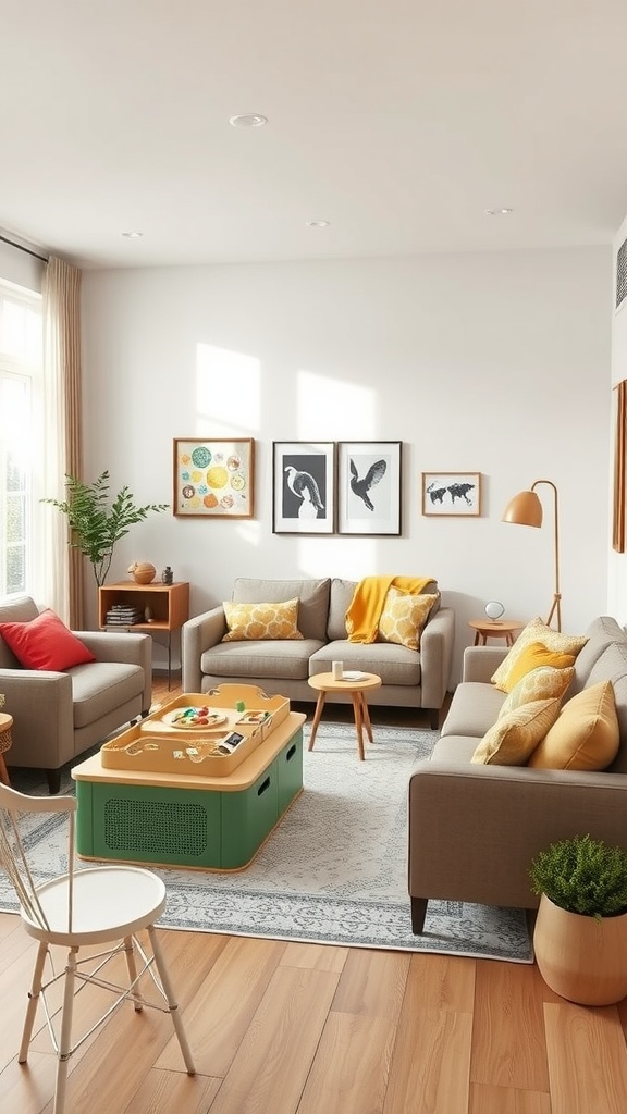 A family-friendly living room layout featuring soft sofas, colorful cushions, and a play area with a multi-functional coffee table.