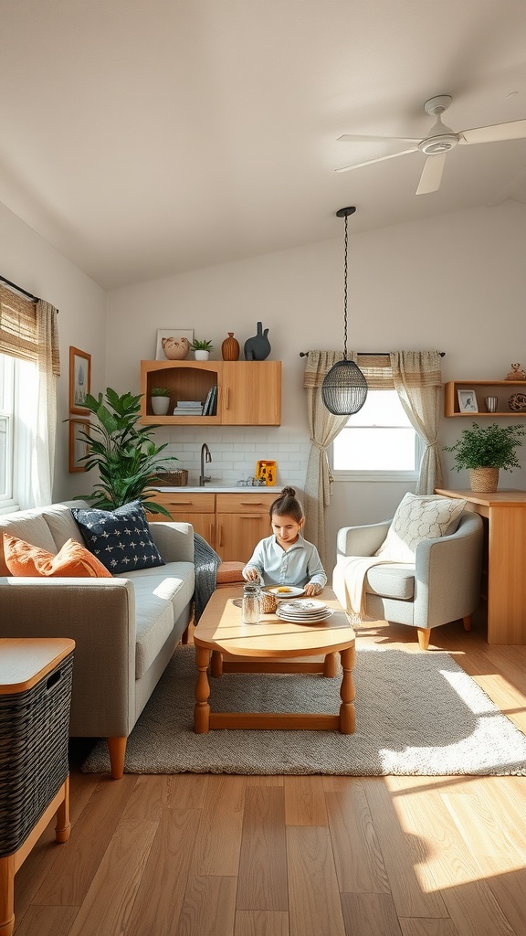 A family-friendly living room in a mobile home featuring a cozy layout with a child at the coffee table.