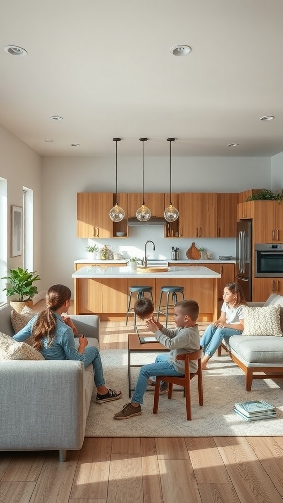 A family-friendly open kitchen living room layout with a cozy seating area and children playing.