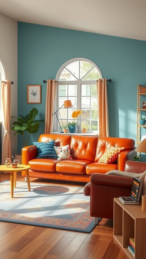 A vibrant orange leather sofa in a family-friendly living room with blue walls and warm decor.