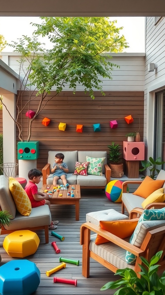 A family-friendly outdoor living room with children playing, colorful toys, and cozy seating.