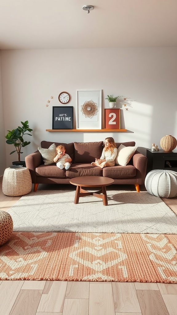 A cozy living room featuring a dark brown sofa, children, and warm accessories.