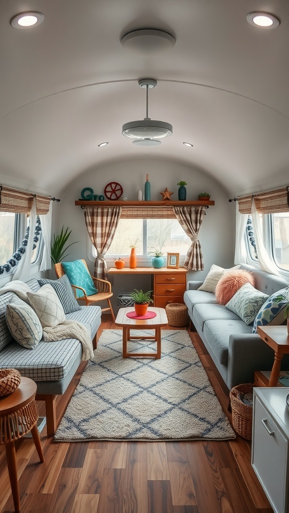 Cozy living room in a trailer house with two sofas, a coffee table, and decorative cushions.