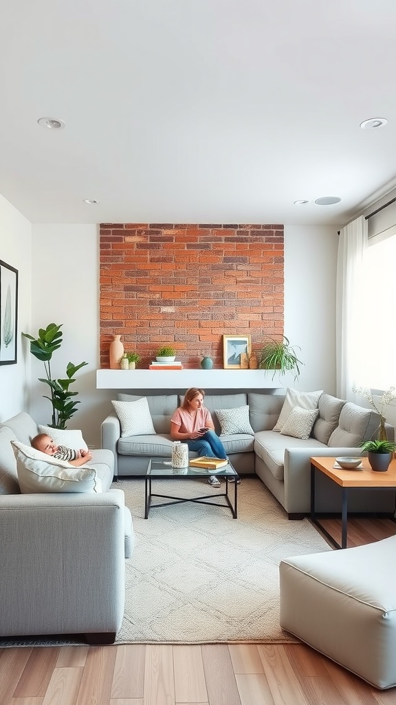 Cozy family living room with a soft brick accent wall, sectional couch, and natural light.