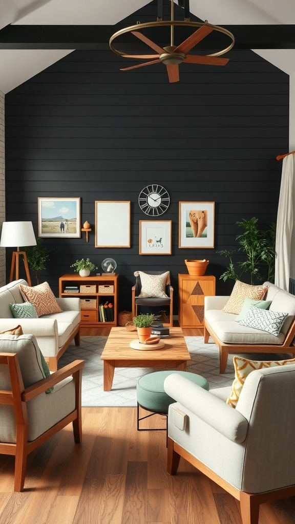 Cozy family living room with black shiplap wall, featuring light sofas, wooden furniture, and decorative elements.