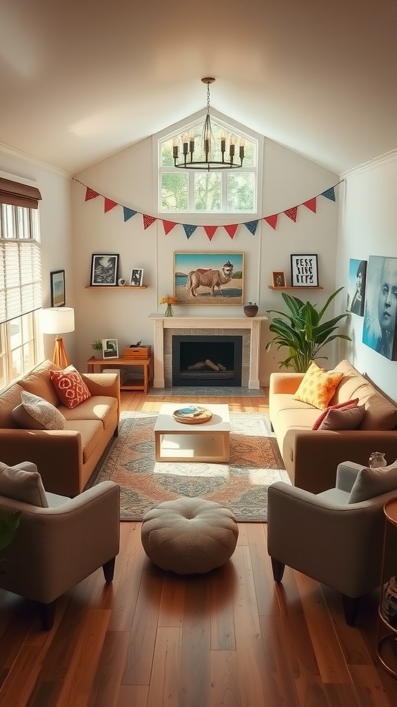 Cozy sunken living room with comfortable seating, bright colors, and personal decor.