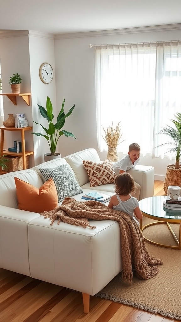 A family-friendly living room featuring a white leather sofa with colorful cushions and a cozy throw.