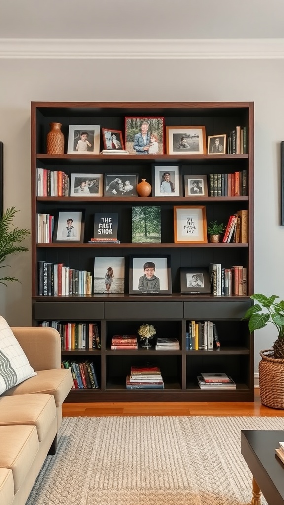 Bookshelf displaying family photos and books in a cozy living room