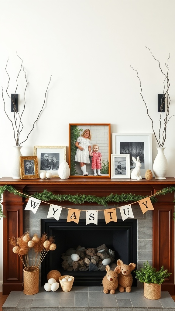 A decorated fireplace mantel featuring family photos, a festive banner, and Easter-themed decorations.