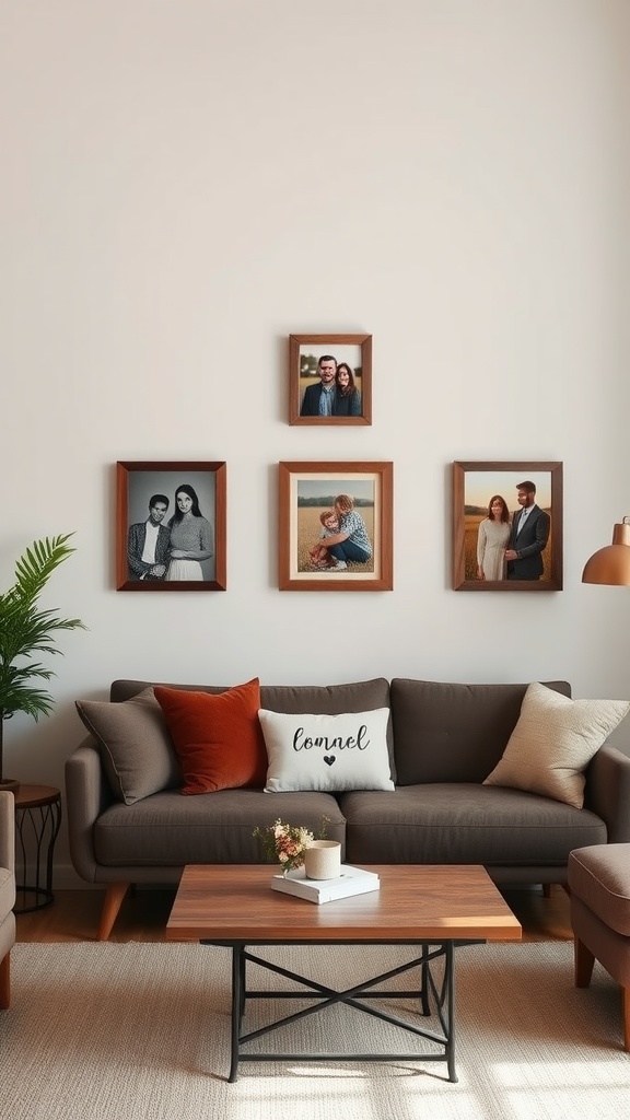 Living room with family photos framed in wood on the wall.