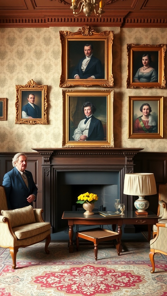 An old English living room featuring family portraits in ornate frames, a stylish armchair, and a decorative table