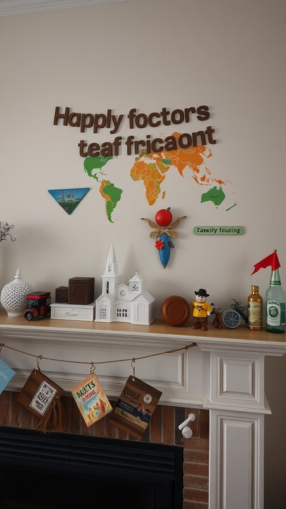 Colorful family vacation-themed decorations on a mantel, featuring a world map, playful figurines, and travel souvenirs.