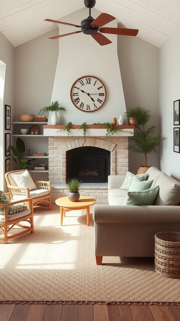 A cozy farmhouse style living room with a light gray color palette, natural wood features, and plants.