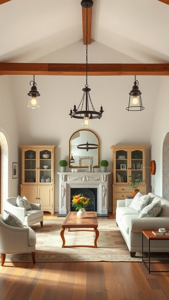 A cozy living room featuring farmhouse-inspired lighting fixtures, a stone fireplace, and warm wood accents.